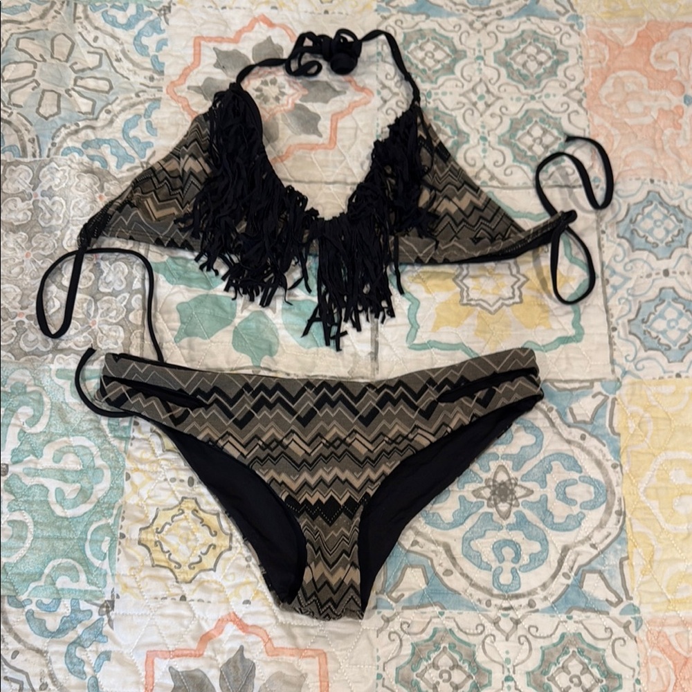 Black and Tan Fringe Bikini Set